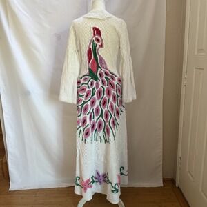 Vintage Peacock Floral Chenille Bath Robe Long White Housecoat Cottage 40s 50s